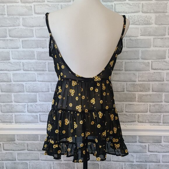 Wet Seal Black Chiffon Sunflower Print Ruffle Babydoll Tank Top Small Sheer - Picture 3 of 9
